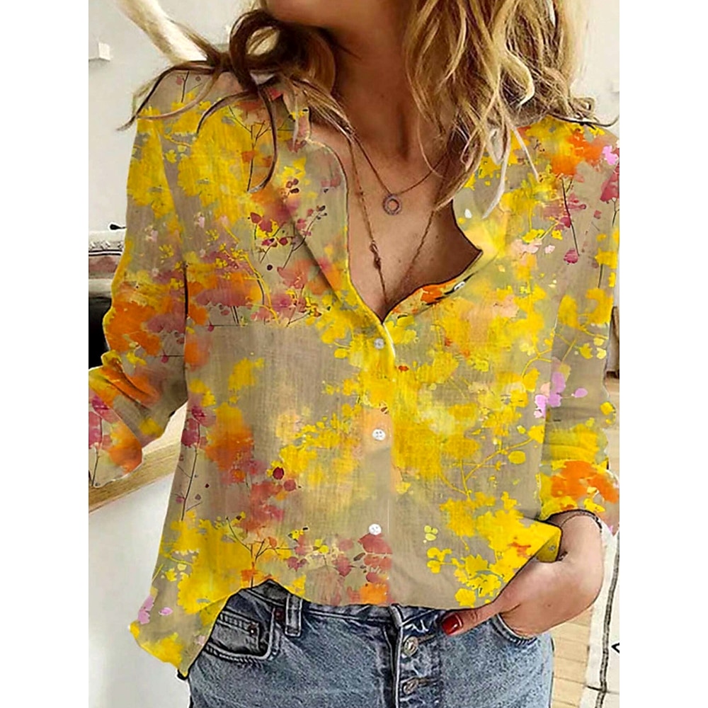 Damen Hemd Bluse Täglich Stilvoll Blumen Lange Oberteile Langarm Hemdkragen Knopf Bedruckt Lockere Passform Täglich Gelb Sommer Frühling Herbst Lightinthebox