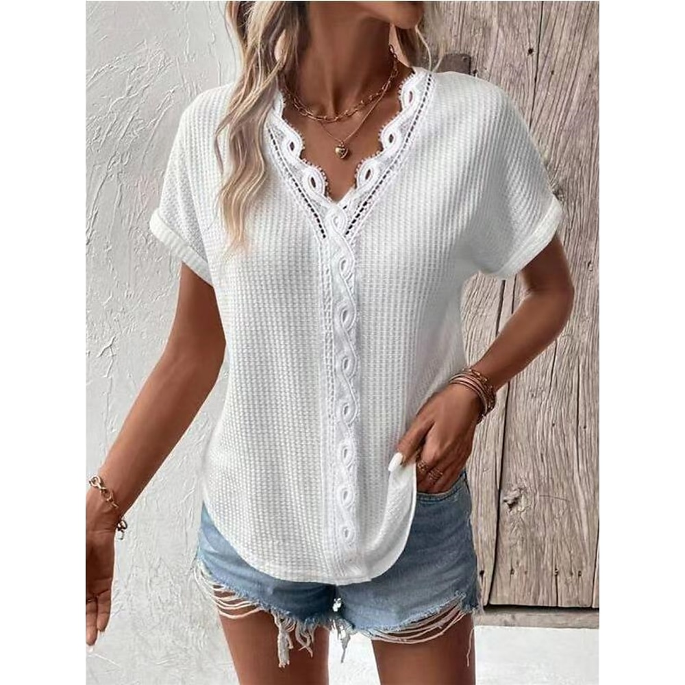 Damen Weiß Elegante Spitze Tops Augenschlitze Bluse Legere Unifarbe Reguläre Tops Kurzarm V-Ausschnitt Spitzen-Patchwork Reguläre Passform Alltag Weiß Romantische Petite Tops Sommer Urlaubsbekleidung Lightinthebox