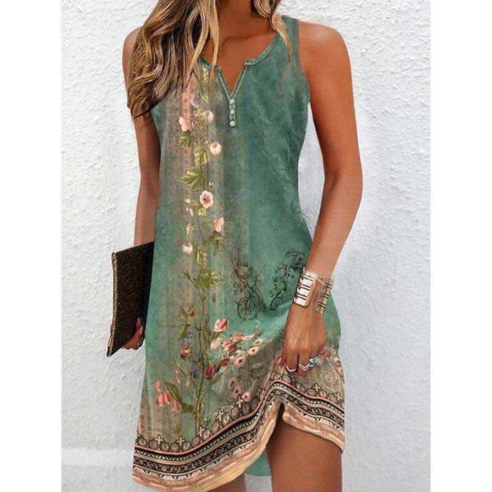 Damen Tankkleid Blumen Knopfdruck V-Ausschnitt Minikleid Boho Urlaub Strand ärmellos Sommer Lightinthebox