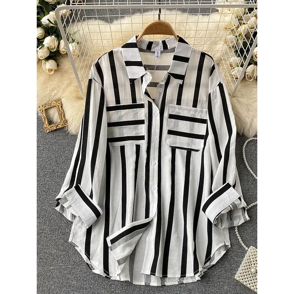 Damen Hemd Bluse Stilvoll Brautkleider schlicht Gestreift Normale Oberteile Langarm Hemdkragen Knopf Regular Fit Täglich Schwarz Gelb Rote Grün Sommer Frühling Herbst Lightinthebox