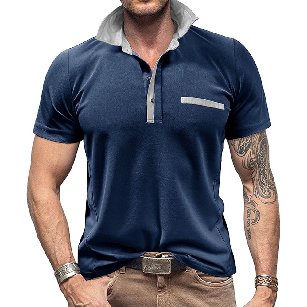 Herren Polo Polo Pullover Formal Casual Umlegekragen Kurzarm Vintage Ausgefallene Feste Farbe Knopf Tasche Frühling Sommer Regular Fit Schwarz Marineblau Blau Orange Grün Polo Lightinthebox