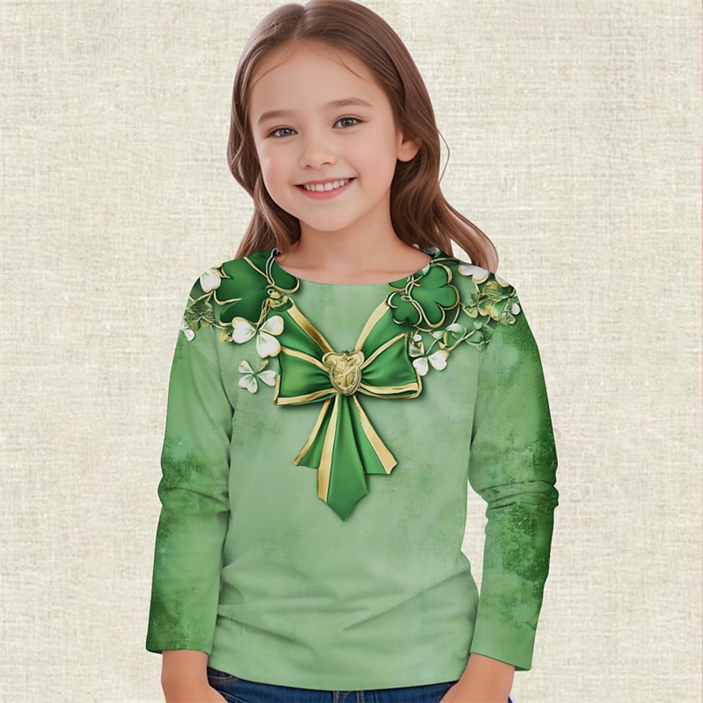 St. Patrick Mädchen 3D Graphic Vierblättriges Kleeblatt T-Shirt Langarm Frühling Herbst Modisch Basic kinderkleidung 4-12 Jahre Rundhalsausschnitt Outdoor Casual Täglich Regular Fit Lightinthebox