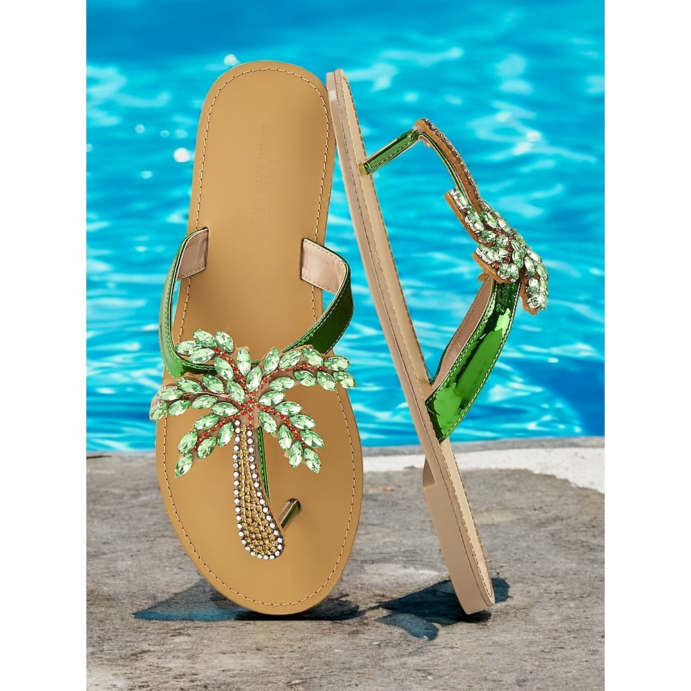 Grüne Flip-Flop-Sandalen mit Palmenverzierung für Damen - glamouröse Sommer-Strandmode für lässige Looks und Urlaubslooks Lightinthebox