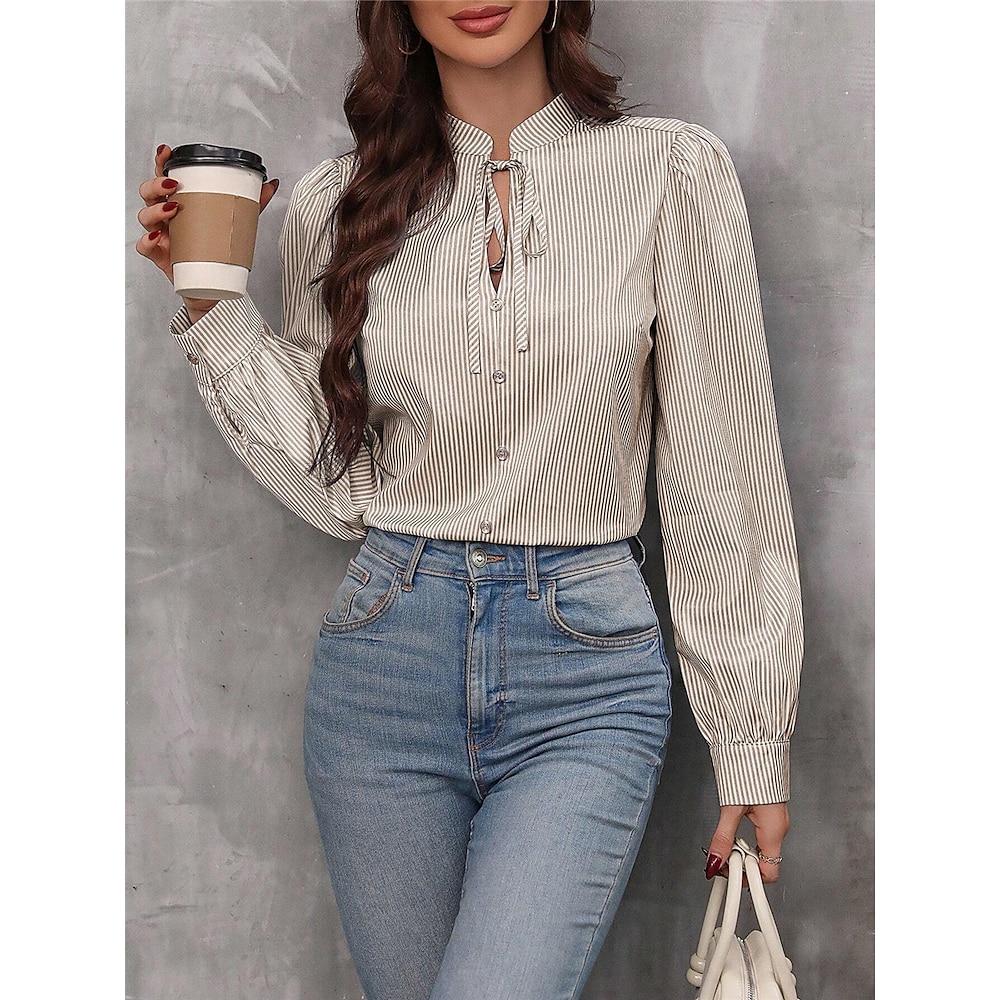 Damen Hemd Bluse Stilvoll Brautkleider schlicht Gestreift Normale Oberteile Langarm Hemdkragen Bedruckt Regular Fit Täglich Abendgarderobe Beige Sommer Frühling Herbst Lightinthebox