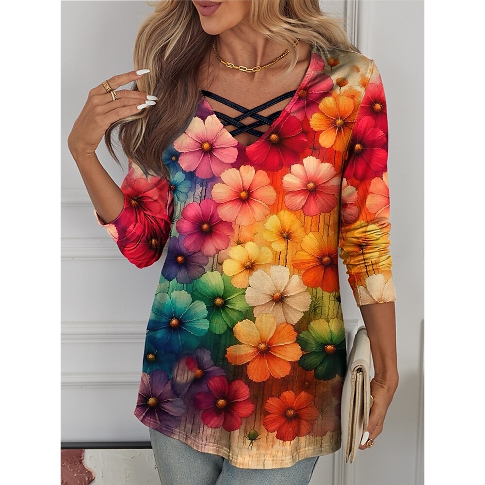 Damen T Shirt Brautkleider schlicht Blumen Lange Oberteile Langarm V Ausschnitt Bedruckt Regular Fit Täglich Wochenende Rote Frühling Herbst Lightinthebox