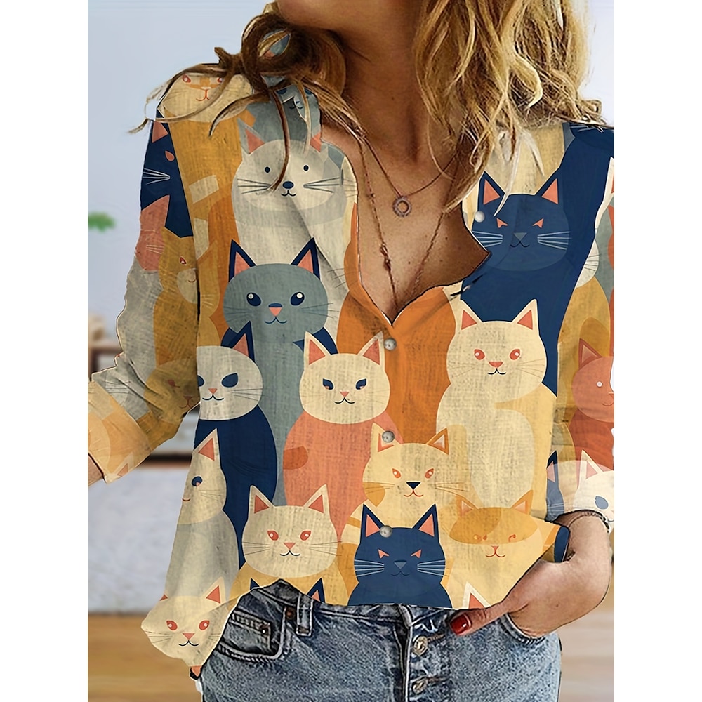 Damen Hemd Bluse Täglich Stilvoll Graphic Katze Lange Oberteile Langarm Hemdkragen Knopf Bedruckt Lockere Passform Täglich Gelb Sommer Frühling Lightinthebox