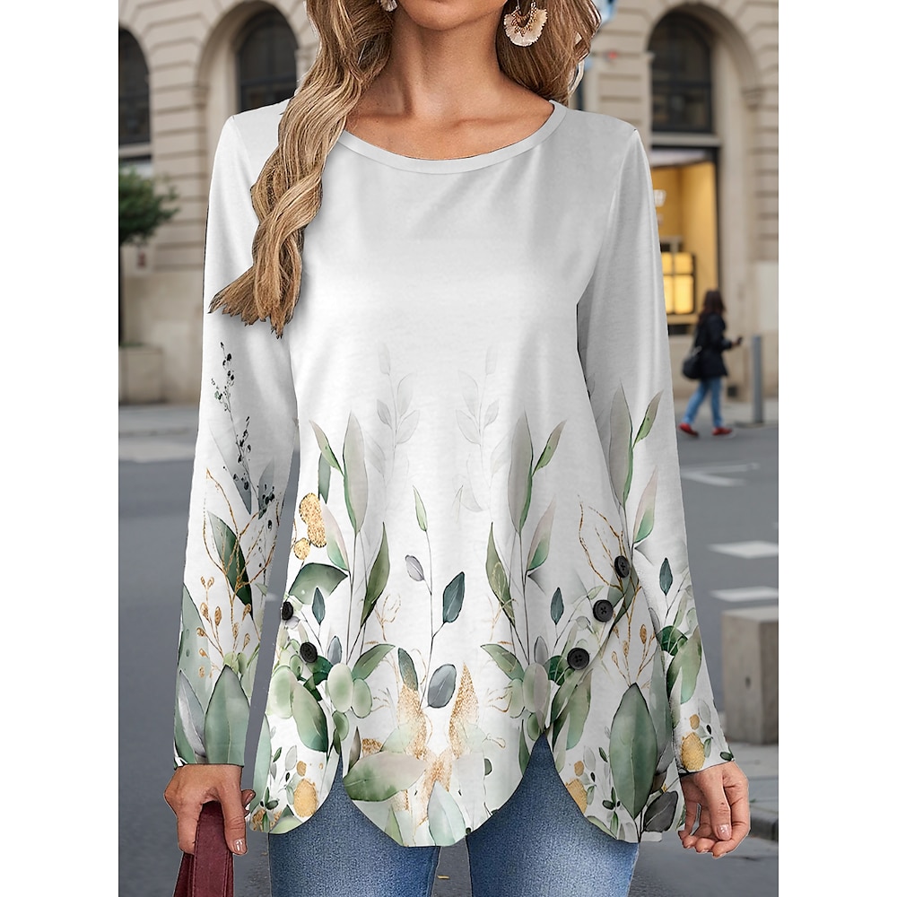 Damen T Shirt Brautkleider schlicht Blumen Normale Oberteile Langarm Rundhalsausschnitt Knopf Bedruckt Asymmetrisch Regular Fit Täglich Grün Frühling Herbst Lightinthebox