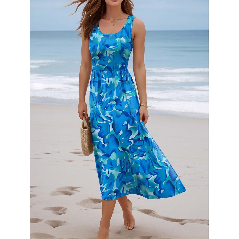 Damen A Linie Kleid Tank-Top Kleid Kuschelig Brautkleider schlicht Blumen Maxidress Ärmellos U-Ausschnitt Bedruckt Regular Fit Urlaub Täglich Blau Sommer Lightinthebox