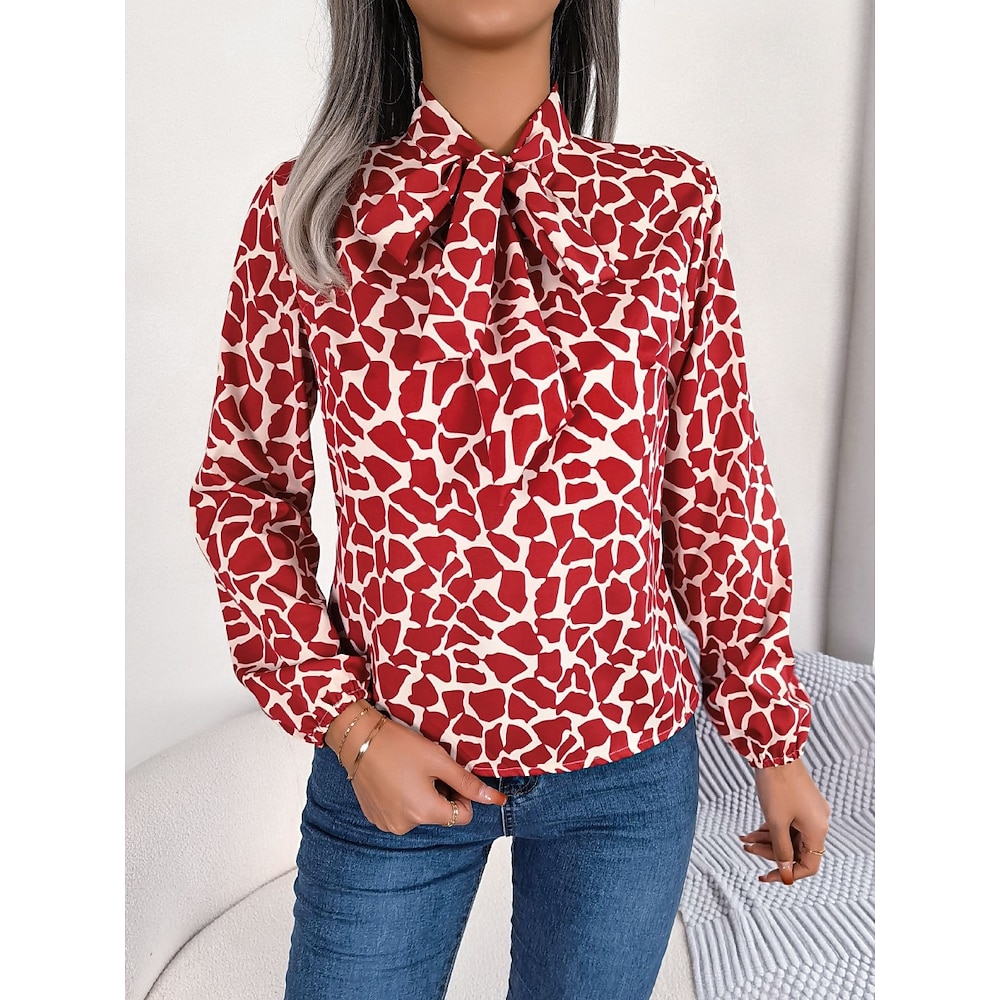 Damen Hemd Bluse Stilvoll Brautkleider schlicht Farbblock Normale Oberteile Langarm Hemdkragen Vorne binden Bedruckt Regular Fit Täglich Rote Marineblau Sommer Frühling Herbst Lightinthebox