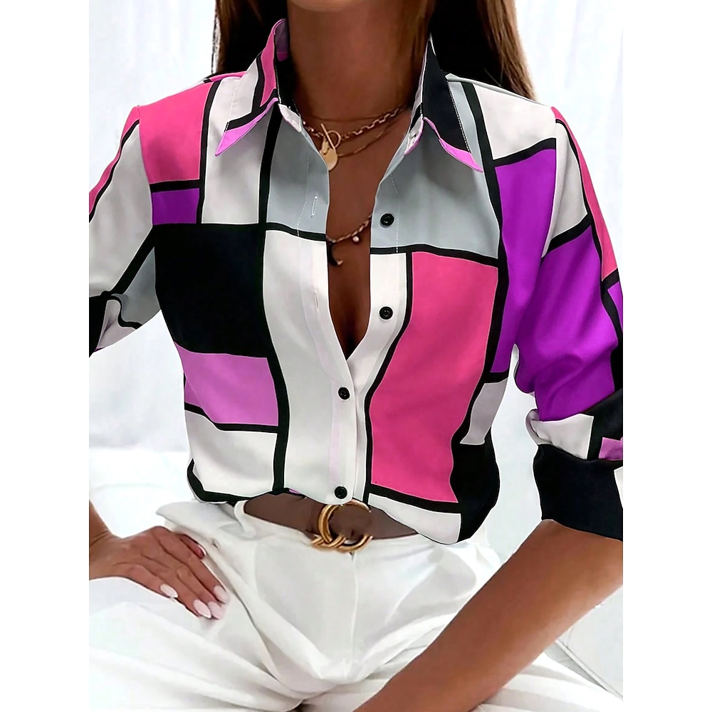 Damen Hemd Bluse Täglich Stilvoll Geometrisch Lange Oberteile Langarm Hemdkragen Knopf Bedruckt Lockere Passform Arbeit Täglich Rote Purpur Sommer Frühling Lightinthebox