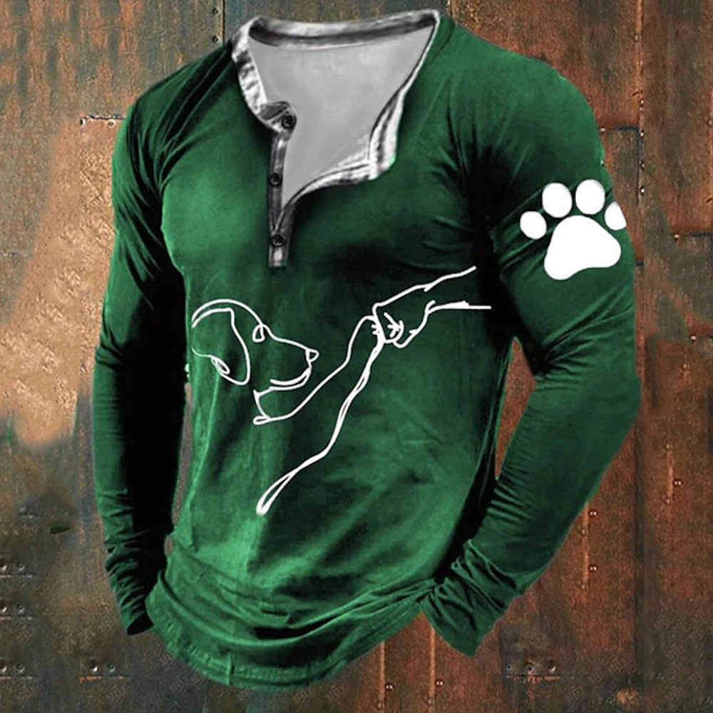 Herren Graphic Hund Haustiere Henley Shirt Langarm Modisch Kuschelig Täglich Casual Festtage Ausgehen Frühling Herbst Schwarz Grün Rot Khaki Henley Henley T-Shirt Lightinthebox