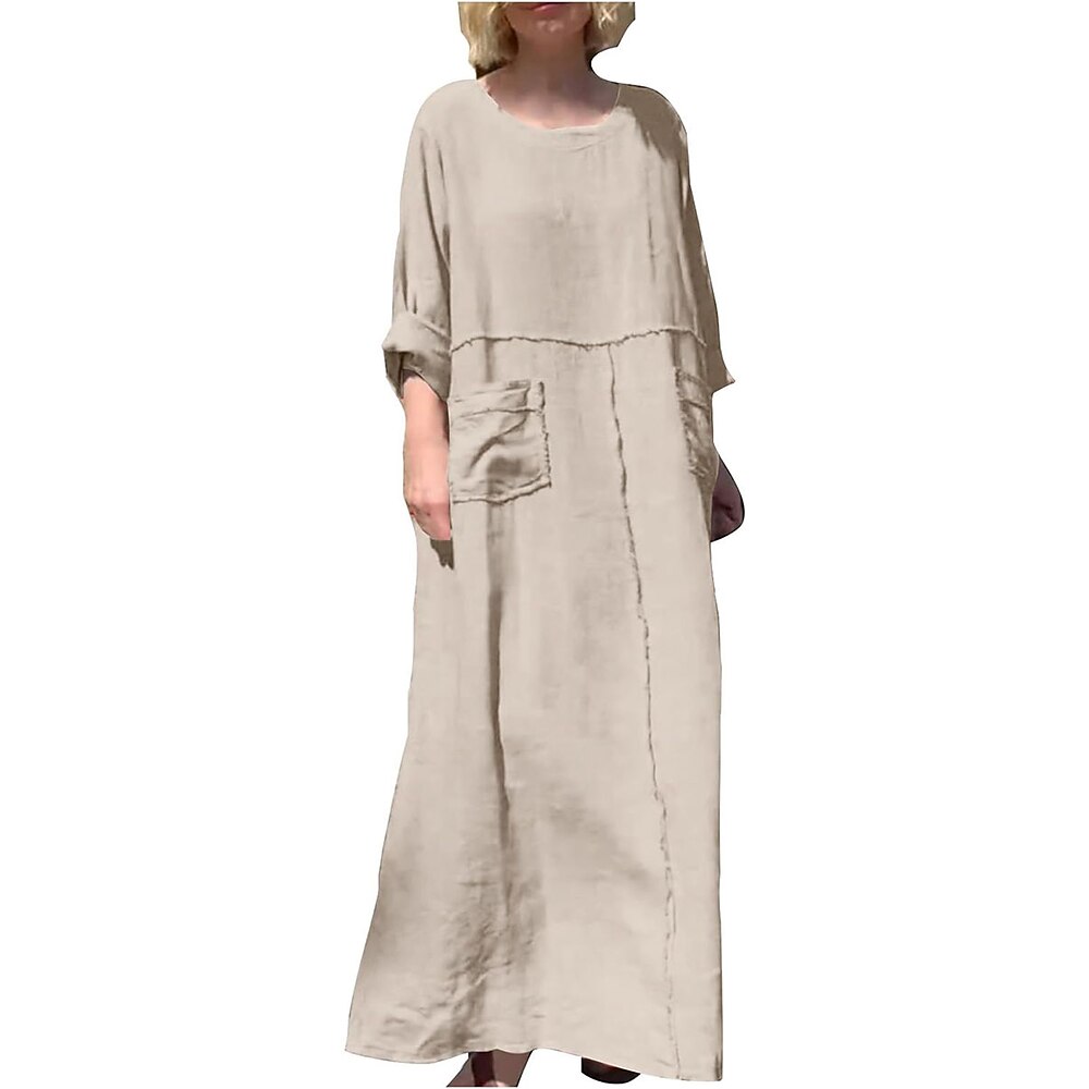 Damen Casual kleid Baumwoll-Leinenkleid Elegant Vintage Stilvoll Glatt Maxidress Langarm Rundhalsausschnitt Tasche Lockere Passform Urlaub Täglich Schwarz Beige Frühling Herbst Lightinthebox