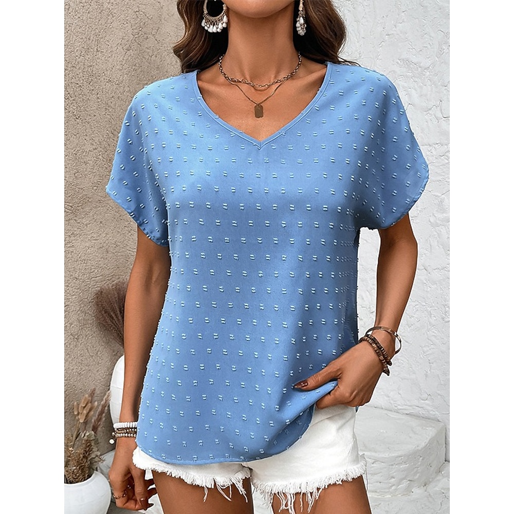 Damen Hemd Bluse Elegant Stilvoll Brautkleider schlicht Feste Farbe Normale Oberteile Kurzarm V Ausschnitt Formschluss Arbeit Täglich Festtage Blau Sommer Frühling Lightinthebox