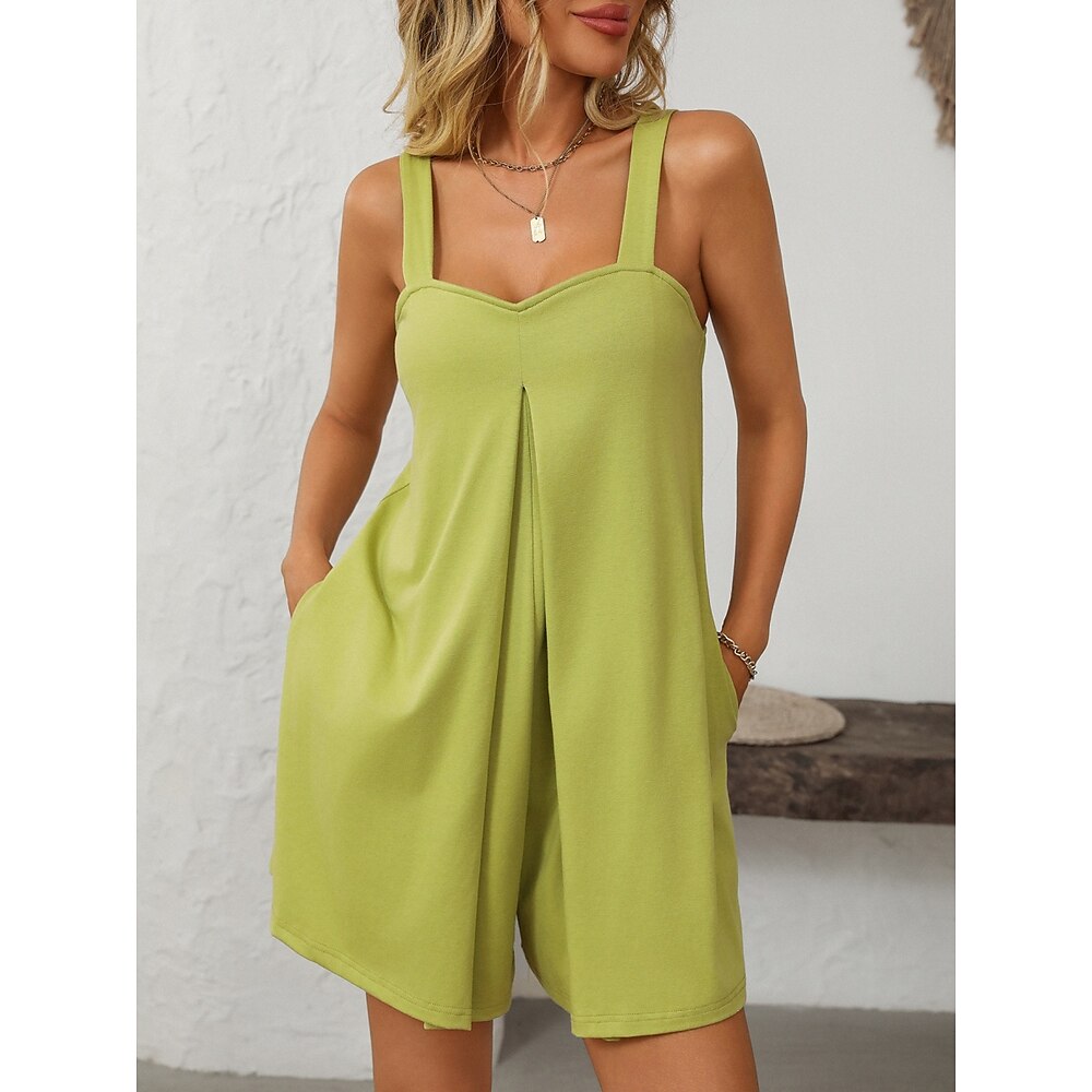 Damen Normal Kurz Jumpsuit Aktiv Feste Farbe Ärmellos V Ausschnitt Tasche Urlaub Täglich Regular Fit Schwarz Grün Sommer Lightinthebox