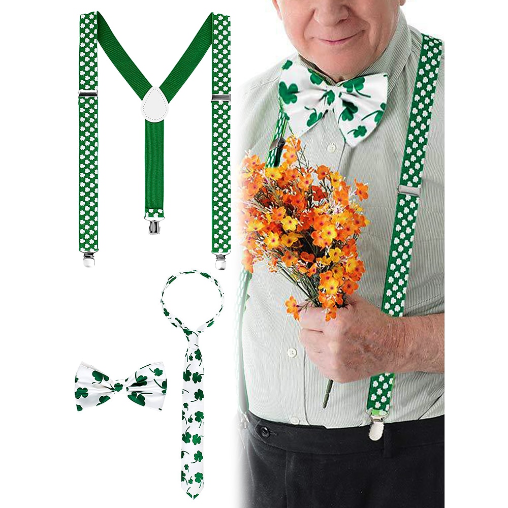 St. Patrick's Day-Accessoire-Set - Hosenträger, Fliege und Krawatte mit Kleeblatt für Männer, festliches grünes Kleeblatt-Design für Feiertagspartys, Paraden und Feiern Lightinthebox