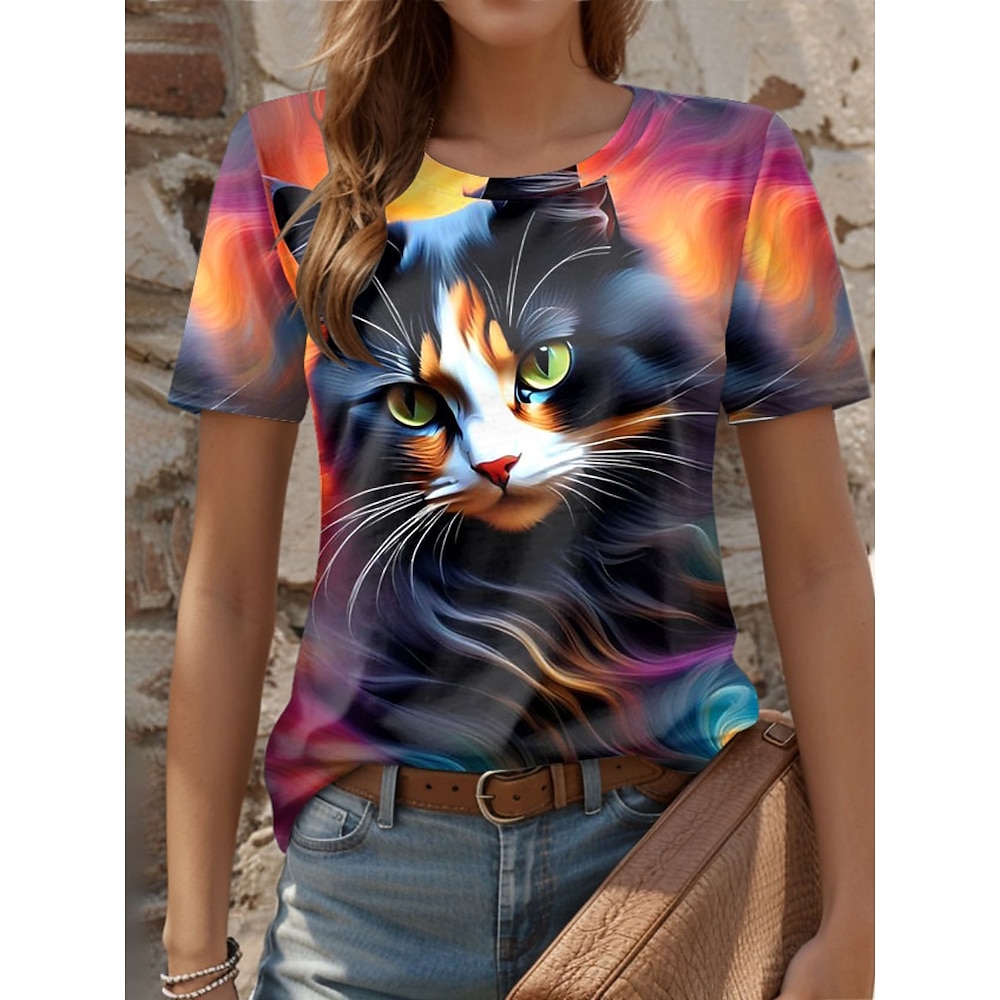 Damen T Shirt Brautkleider schlicht Katze Normale Oberteile Kurzarm Rundhalsausschnitt Bedruckt Regular Fit Täglich Purpur Sommer Lightinthebox