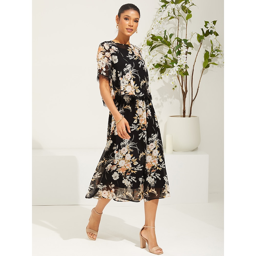 Damen Normal schwarzes kleid Elegant Vintage Stilvoll Blumen Graphic Midikleid Kurzarm Spitzenärmel Rundhalsausschnitt Bedruckt Lose Lockere Passform ChiffonDressesUrlaub Täglich Schwarz Frühling Lightinthebox