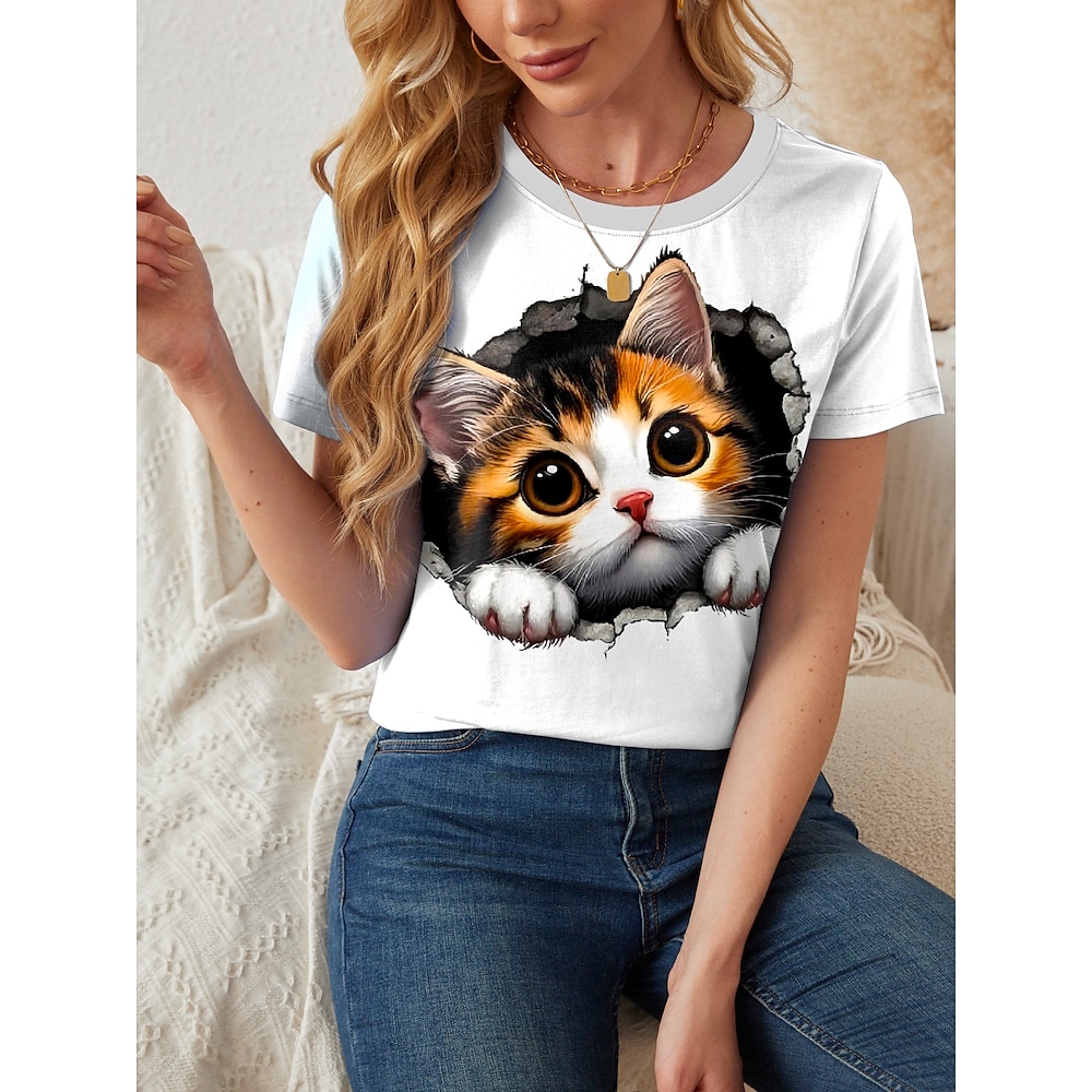 Damen T Shirt Brautkleider schlicht Katze Normale Oberteile Kurzarm Rundhalsausschnitt Bedruckt Regular Fit Täglich Schwarz und weiss Grau-weiß Schwarz Weiß Gelb Sommer Lightinthebox