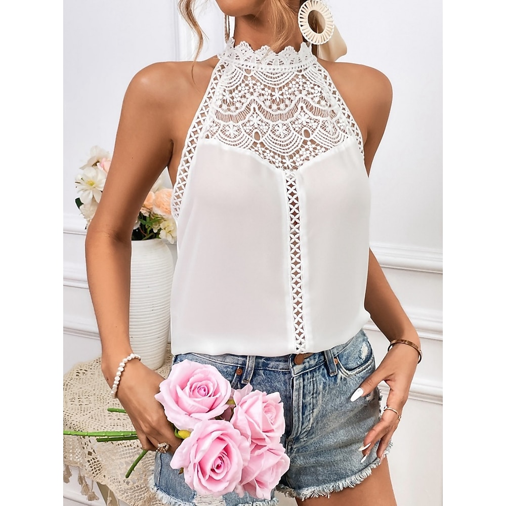 Damen Hemd Bluse Stilvoll Brautkleider schlicht Feste Farbe Normale Oberteile Ärmellos Halfterhals Spitze Regular Fit Täglich Weiß Rote Sommer Lightinthebox