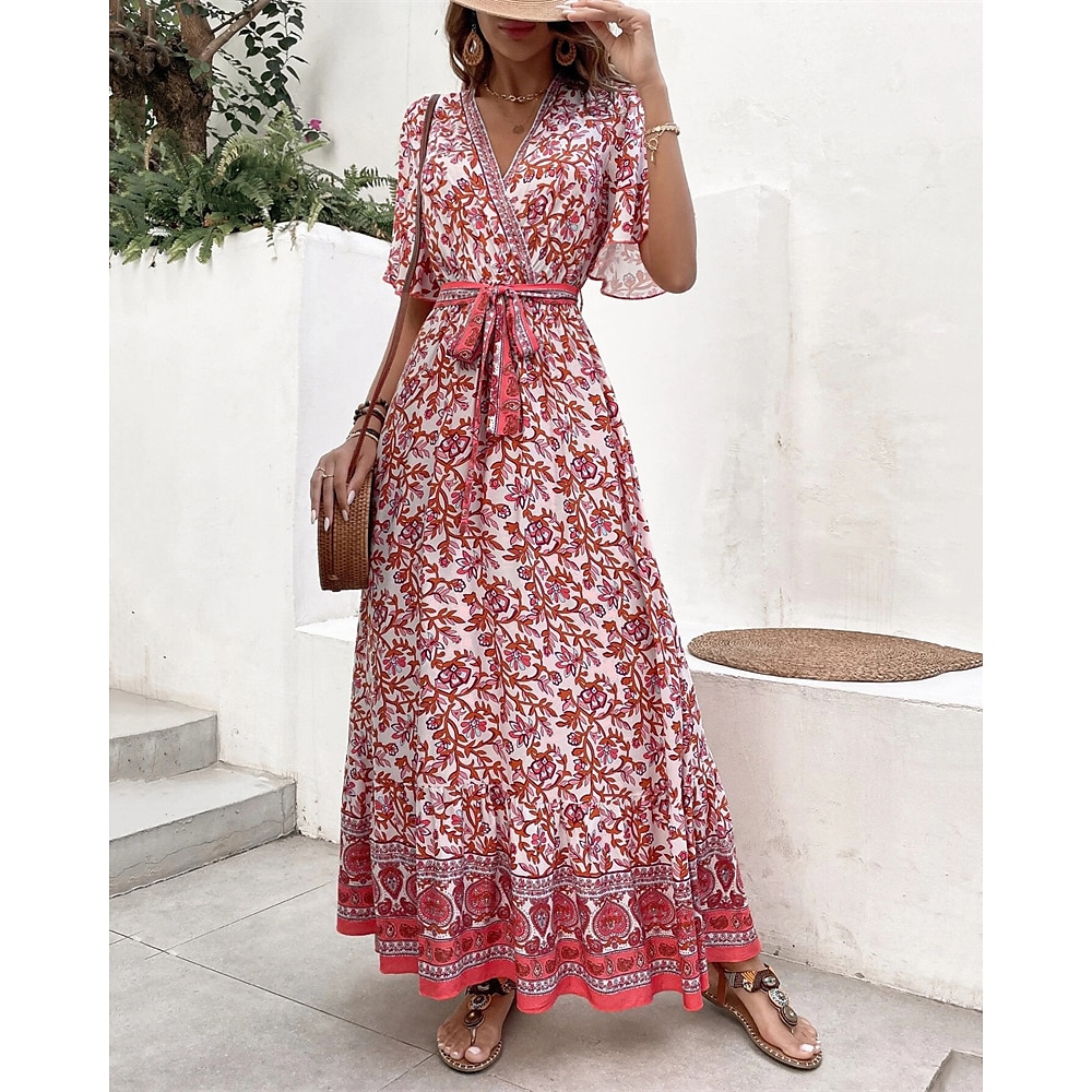 Damen kleid lang Casual kleid A Linie Kleid Sommerkleid Boho-Kleid Stilvoll Boho Ausgestellter Ärmel Urlaub Täglich Verabredung Regular Fit Blumen Kurzarm V Ausschnitt Rote Sommer Lightinthebox