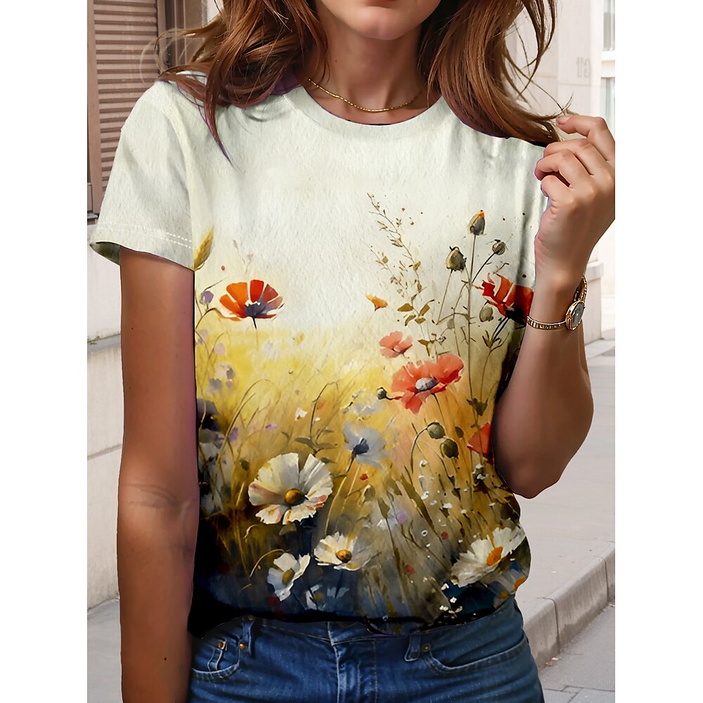 Damen T Shirt Brautkleider schlicht Ölgemälde Blumen Normale Oberteile Kurzarm Rundhalsausschnitt Bedruckt Regular Fit Täglich Elfenbein Sommer Frühling Lightinthebox