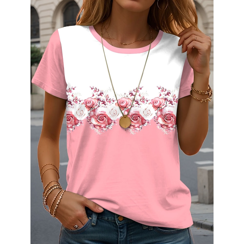 Damen T Shirt Brautkleider schlicht Blumen Normale Oberteile Kurzarm Rundhalsausschnitt Bedruckt Regular Fit Täglich Rosa Sommer Lightinthebox