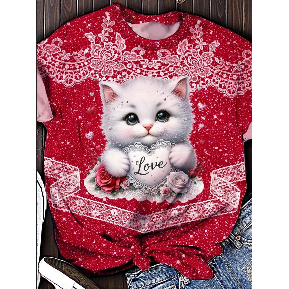 Damen T Shirt Brautkleider schlicht Valentinstag Katze Normale Oberteile Kurzarm Rundhalsausschnitt Bedruckt Regular Fit Täglich Schwarz Rosa Wein Rote Purpur Sommer Lightinthebox