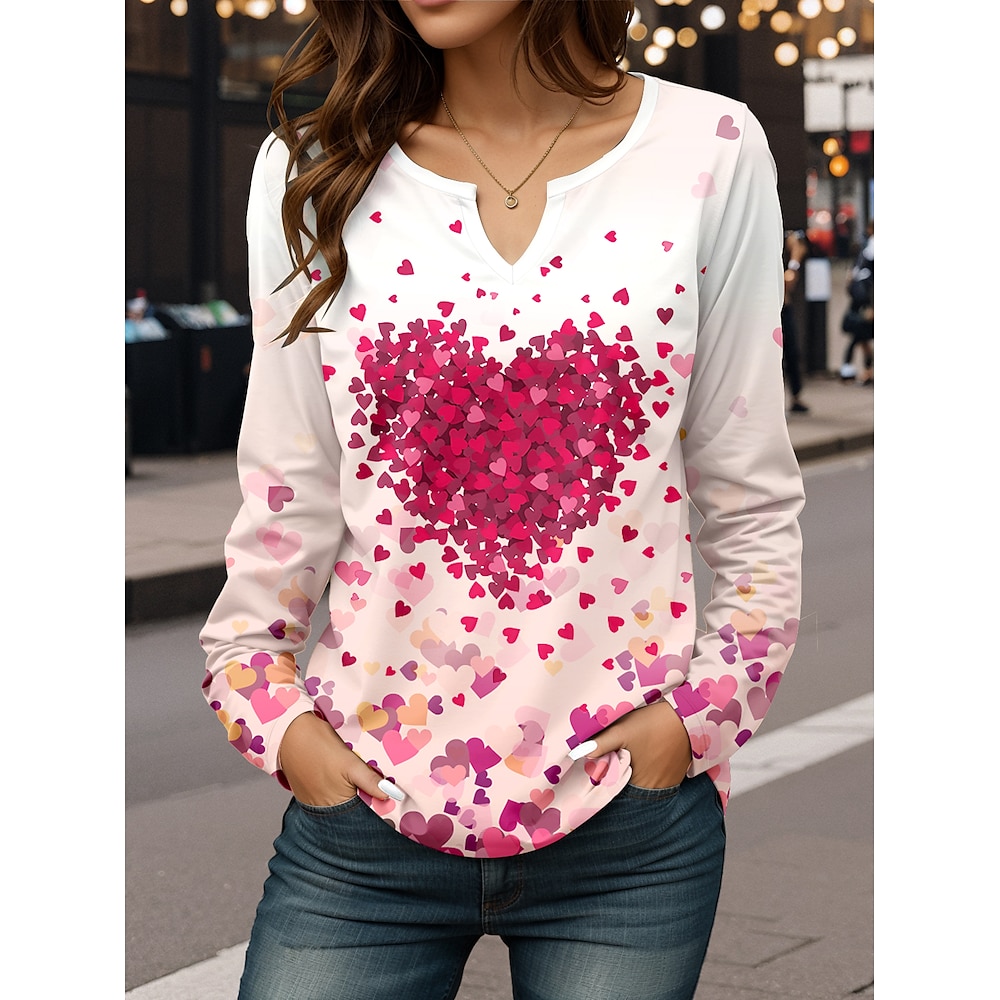 Damen T Shirt Brautkleider schlicht Valentinstag Herz Normale Oberteile Langarm Gekerbter Hals Knopf Bedruckt Regular Fit Täglich Rosa Frühling Herbst Lightinthebox