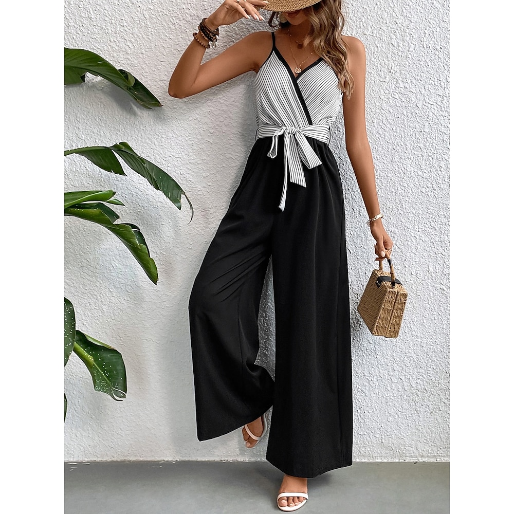 Damen Normal Jumpsuit Aktiv Gestreift Ärmellos V Ausschnitt mit Schnürung Hohe Taillenlinie Urlaub Täglich Regular Fit Schwarz Sommer Lightinthebox