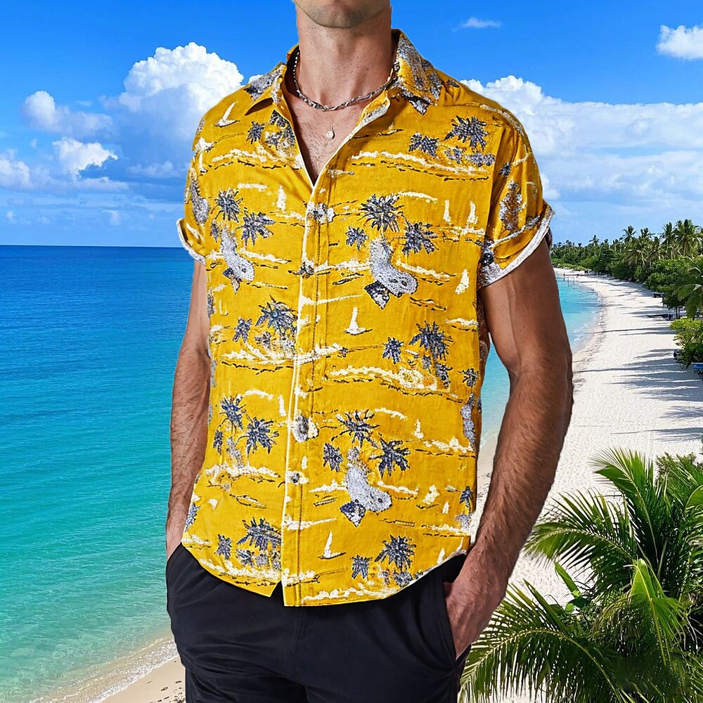 Herren Hemd Sommerhemd Knopfhemd Lässiges Hemd Strandhemd Hawaiihemd Sommerhemd Gelb Kurzarm Blumen / Pflanzen Hemdkragen Outdoor Ausgehen Bedruckt Bekleidung Strassenmode Stilvoll Brautkleider Lightinthebox