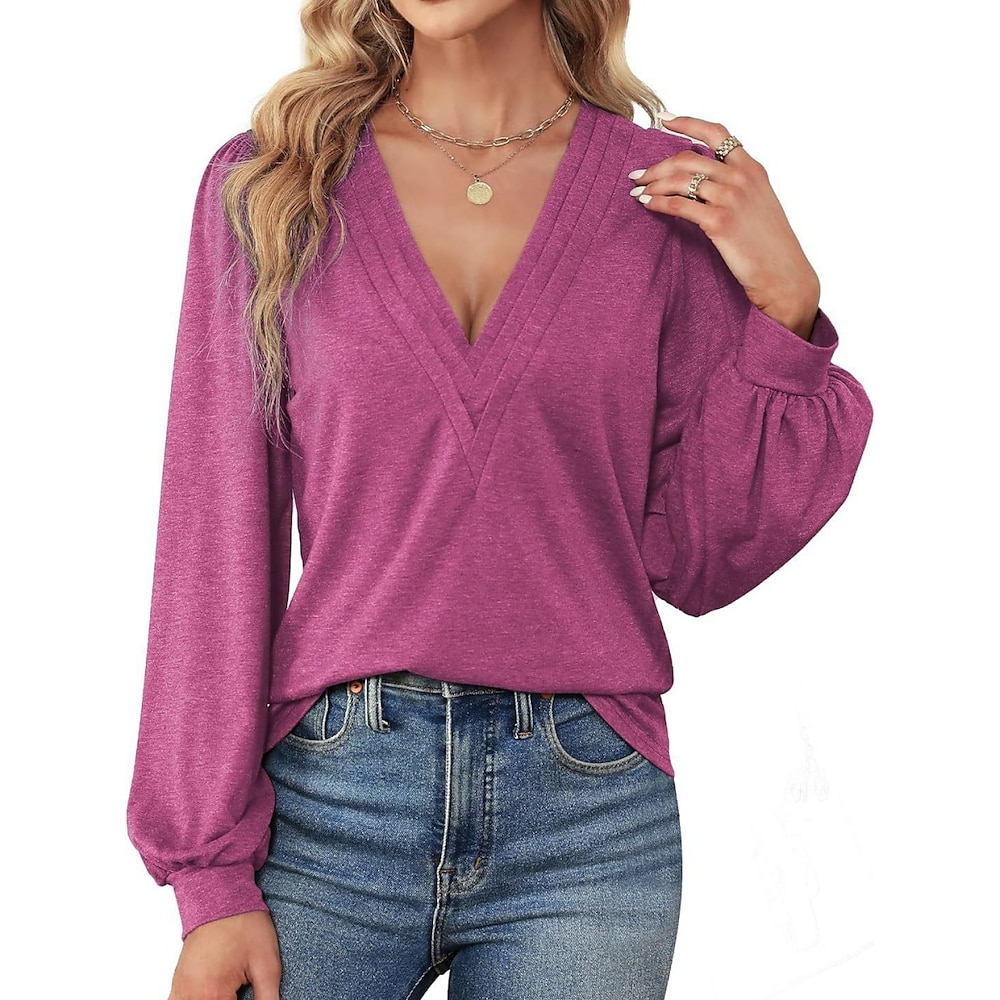 Damen Hemd Bluse Stilvoll Brautkleider schlicht Feste Farbe Normale Oberteile Langarm V Ausschnitt Regular Fit Täglich Fuchsie Grün Sommer Frühling Lightinthebox