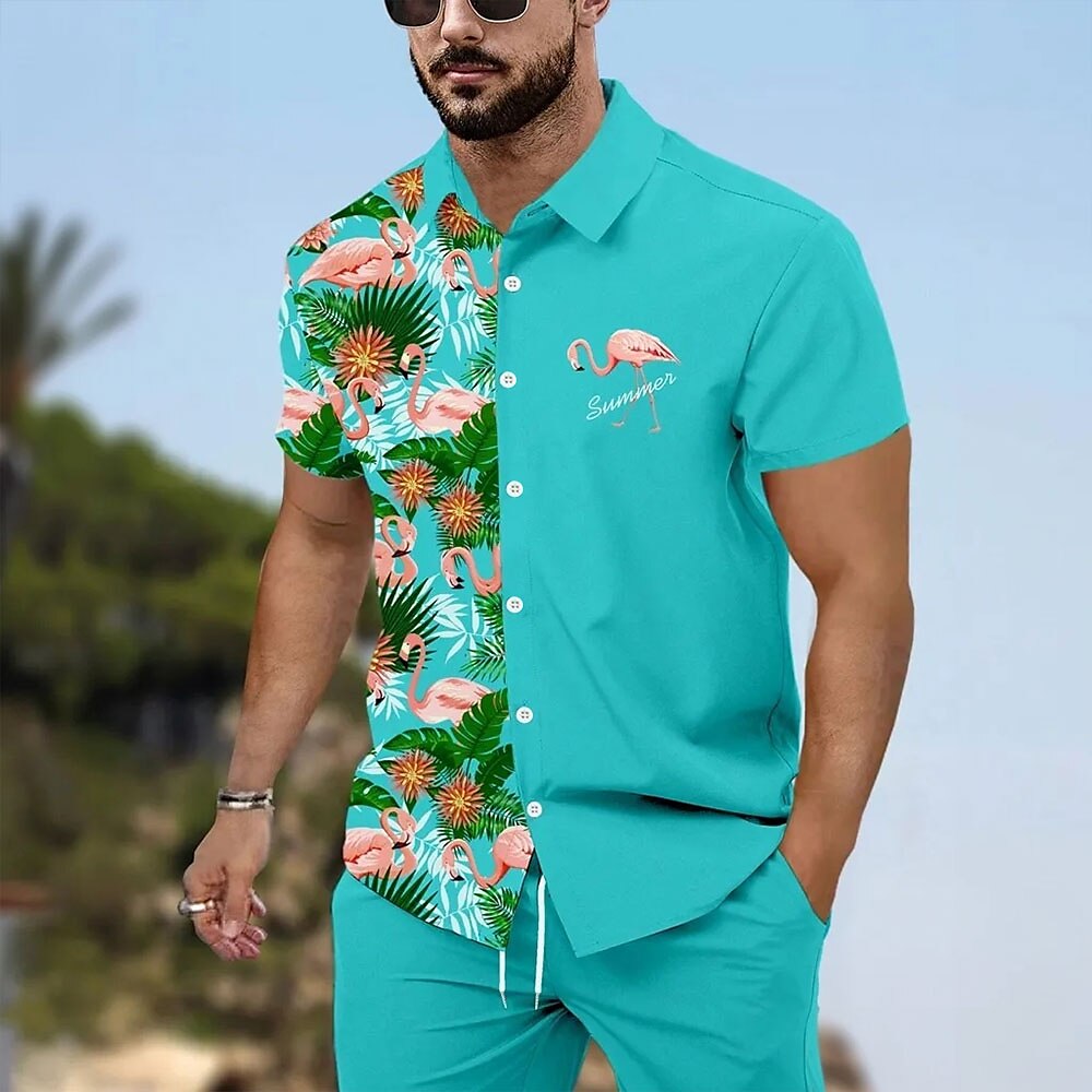 Herren Flamingo Blumen / Blumen Hawaiihemd Sommerhemd Knopfhemd Aloha-Shirt Kurzarm Hawaiianisch Resort Urlaub Festtage Strandbekleidung Sommer Frühling Umlegekragen Hemden mit Kragen Blau Lightinthebox