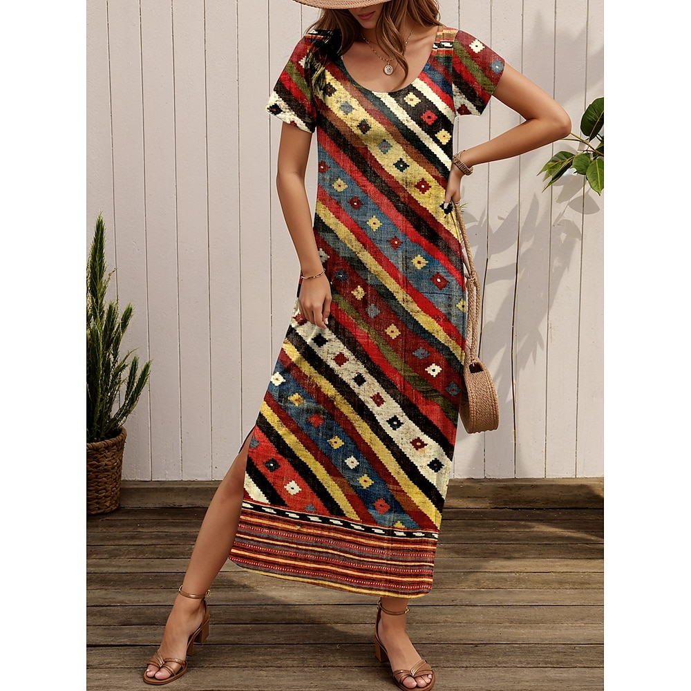 Damen Casual kleid A Linie Kleid Stilvoll Brautkleider schlicht Graphic Geometrisch Streifen Maxidress Kurzarm Rundhalsausschnitt Bedruckt Regular Fit Urlaub Täglich Kastanienbraun Sommer Frühling Lightinthebox