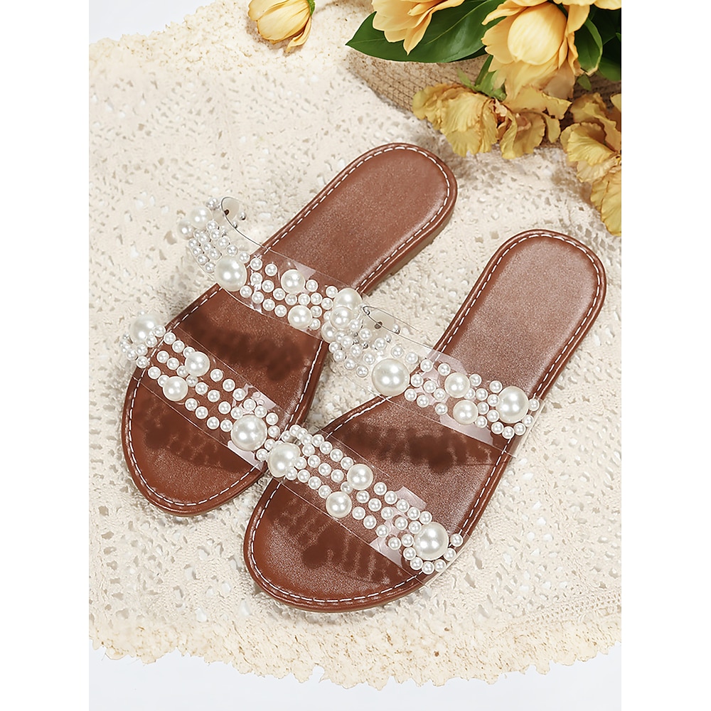 Mit Perlen verzierte Slide-Sandalen für Damen mit Kristalldetails - elegante, lässige Flats für den Sommer und den Urlaub Lightinthebox