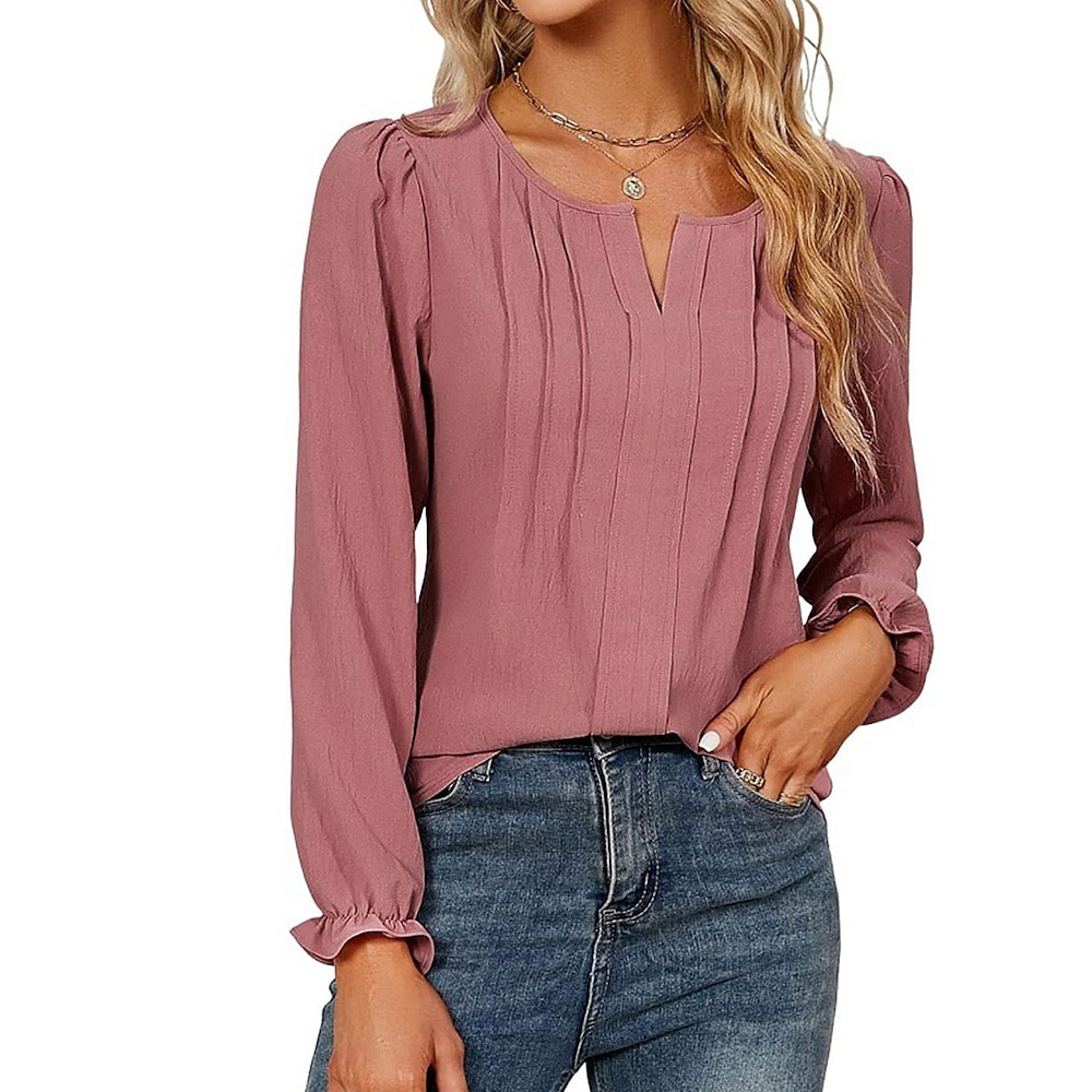 Damen Bluse Elegant Täglich Stilvoll Feste Farbe Normale Oberteile Langarm Puffärmel V Ausschnitt Regular Fit Arbeit Täglich Festtage Schwarz Rosa Sommer Frühling Herbst Lightinthebox