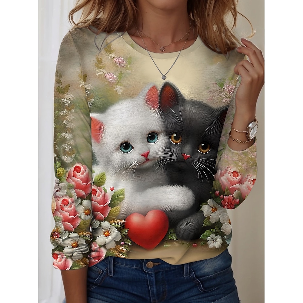 Valentinstag Damen T Shirt Blumen Katze Brautkleider schlicht Langarm Rundhalsausschnitt Normale Oberteile Täglich Bedruckt Gelb Frühling Herbst Lightinthebox