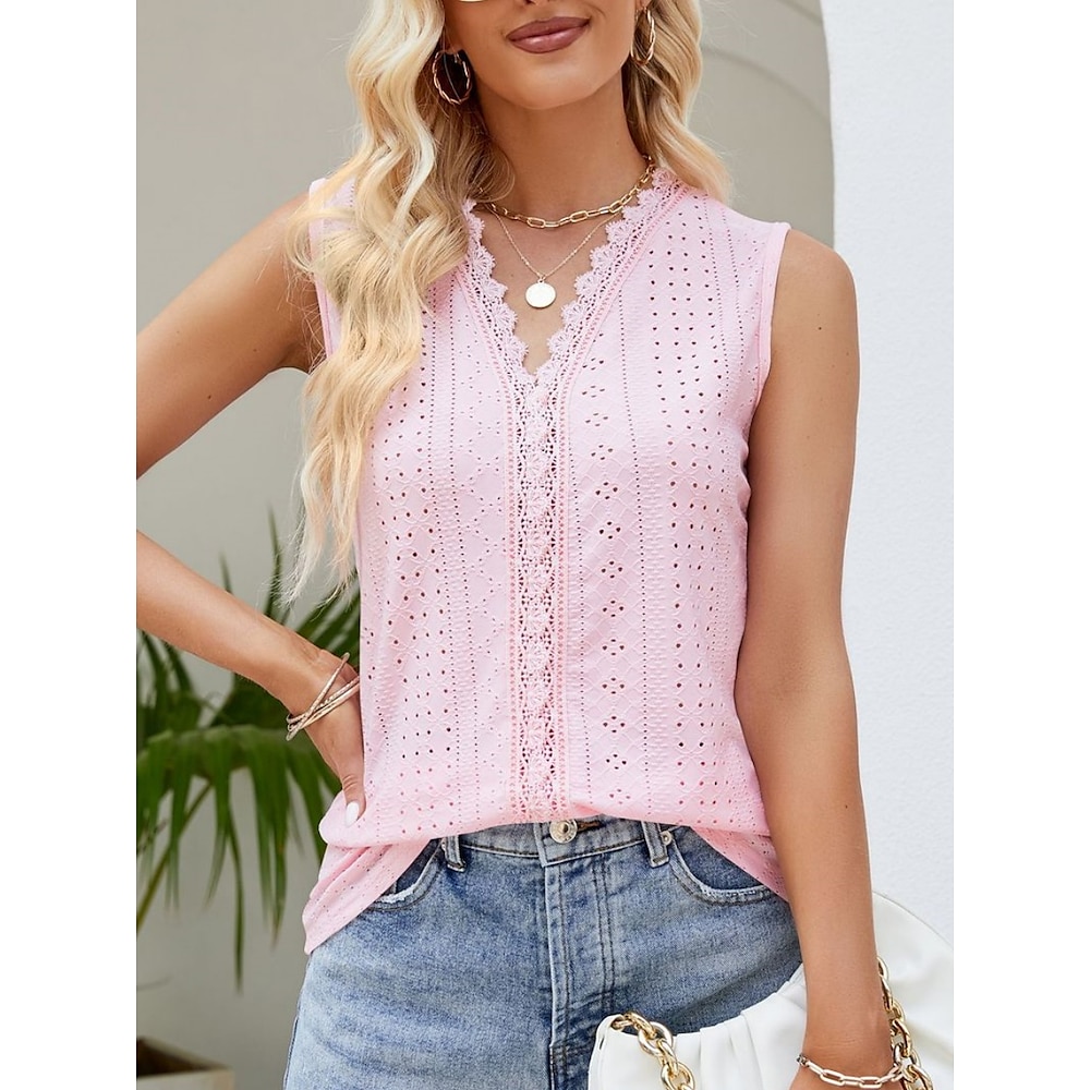 Damen Hemd Bluse Stilvoll Brautkleider schlicht Glatt Normale Oberteile Ärmellos V Ausschnitt Spitze Öse Regular Fit Täglich Weiß Rosa Sommer Lightinthebox