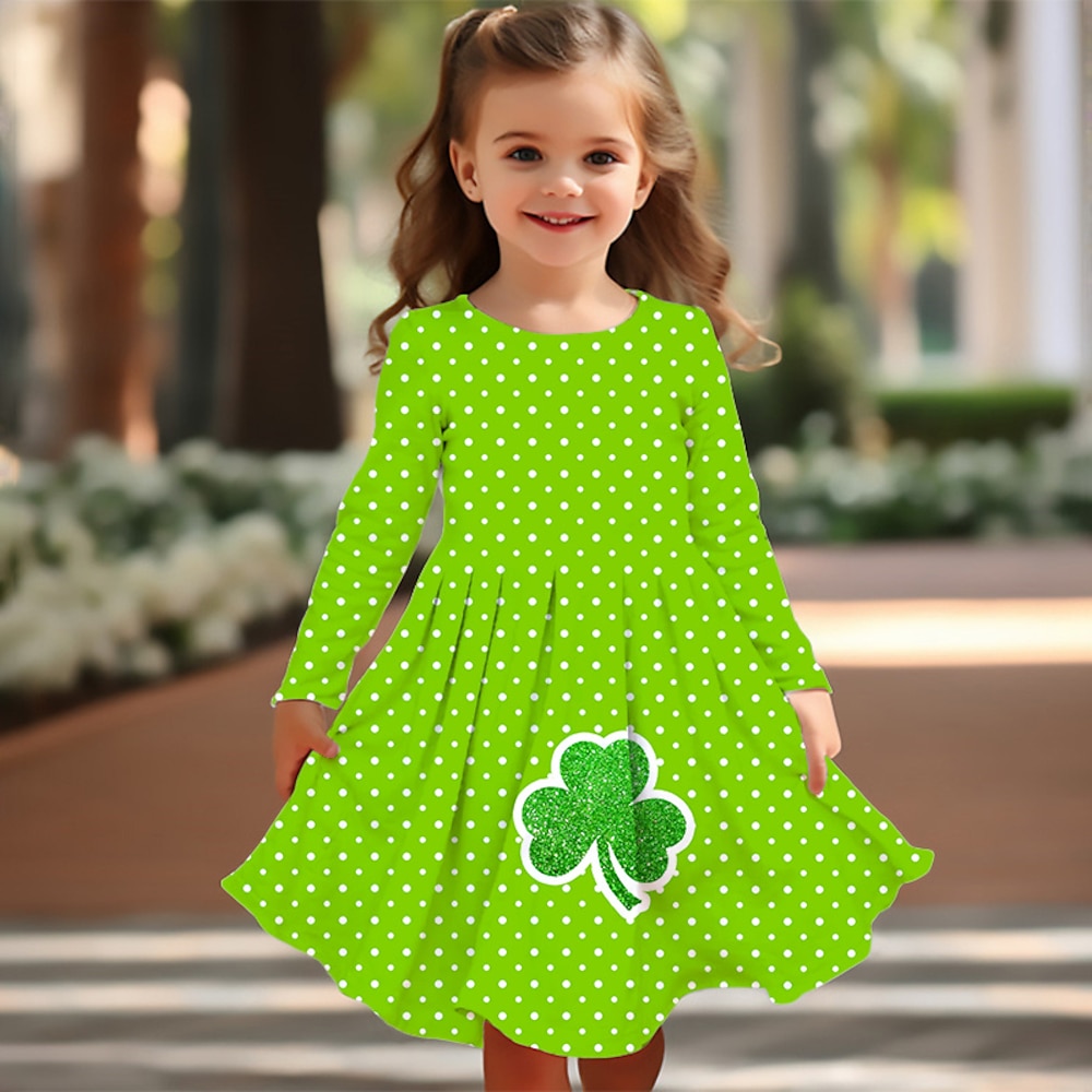 St. Patrick Mädchen' 3D Graphic Vierblättriges Kleeblatt Kleid Langarm Sommer Frühling Urlaub Täglich Festtage Prinzessin Schön Süß kinderkleidung 4-12 Jahre Casual kleid A Linie Kleid Knielang Lightinthebox