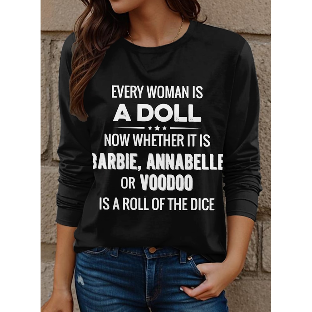 Damen T Shirt Brautkleider schlicht Buchstabe Lange Oberteile Langarm Rundhalsausschnitt Bedruckt Regular Fit Täglich Schwarz Herbst Winter Lightinthebox