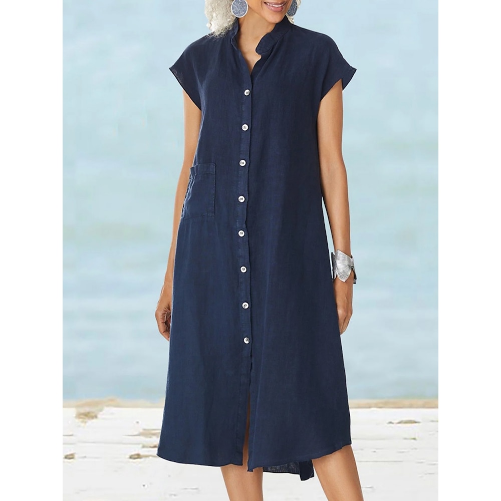 Damen Casual kleid Maxikleid aus Baumwolle Basic Brautkleider schlicht Glatt Midikleid Kurzarm Gekerbter Hals Knopf Regular Fit Urlaub Täglich Weiß Marineblau Sommer Lightinthebox