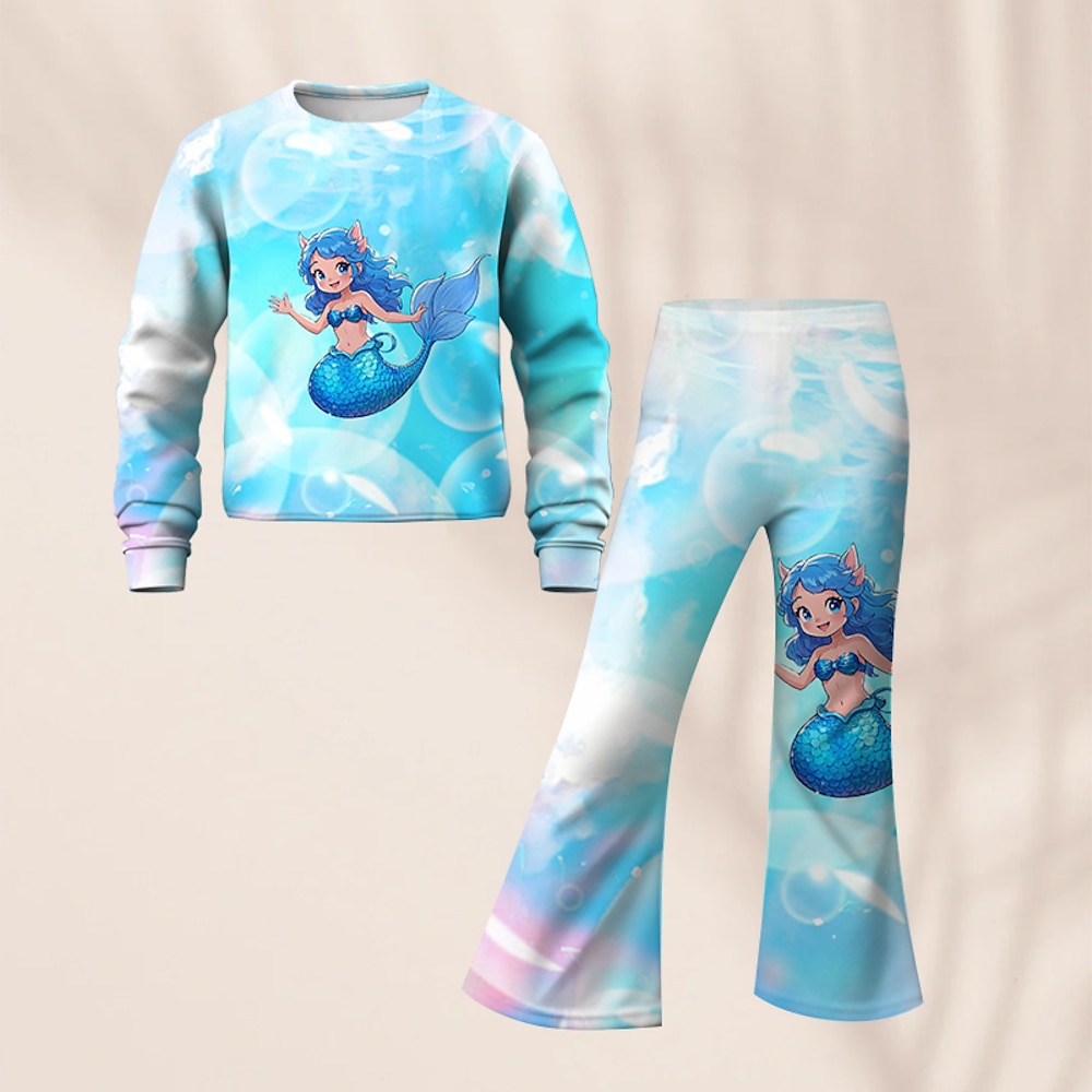 Mädchen 3D Graphic Meerjungfrau Sport-Outfit Trainingsanzüge Set aus Sweatshirt und Schlaghose Langarm Frühling Herbst Täglich Brautkleider schlicht kinderkleidung 4-12 Jahre Rundhalsausschnitt Lightinthebox