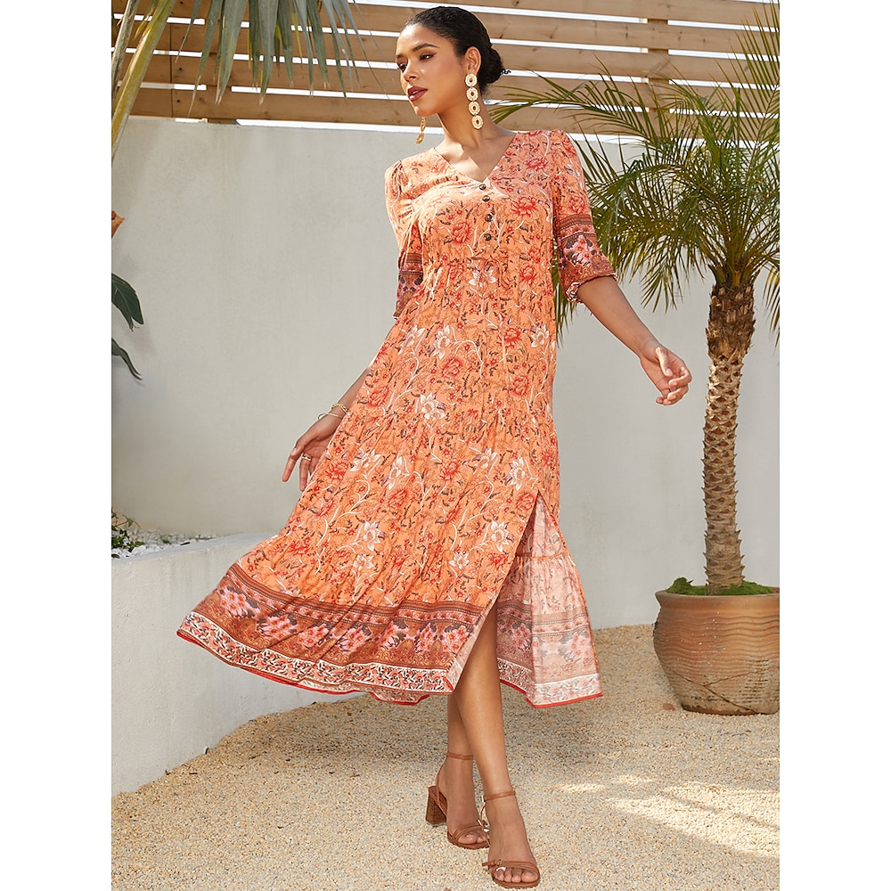 Damen Casual kleid A Linie Kleid Boho-Kleid Böhmen Urlaub Brautkleider schlicht Urlaub Täglich Regular Fit Blumen Halbe Ärmel V Ausschnitt Orange Sommer Lightinthebox