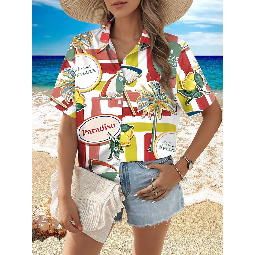 Damen Bluse Geometrisch Stilvoll Strand Design Kurzarm Hemdkragen Normale Oberteile Täglich Knopf Bedruckt Rote Frühling Herbst Lightinthebox