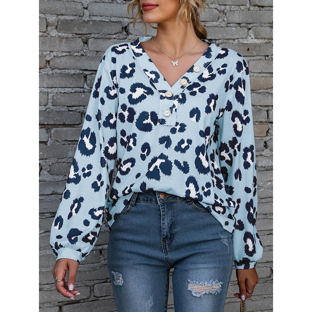 Damen Hemd Bluse Leopard Stilvoll Brautkleider schlicht Langarm V Ausschnitt Normale Oberteile Täglich Bedruckt Weiß Rosa Blau Braun Sommer Frühling Lightinthebox