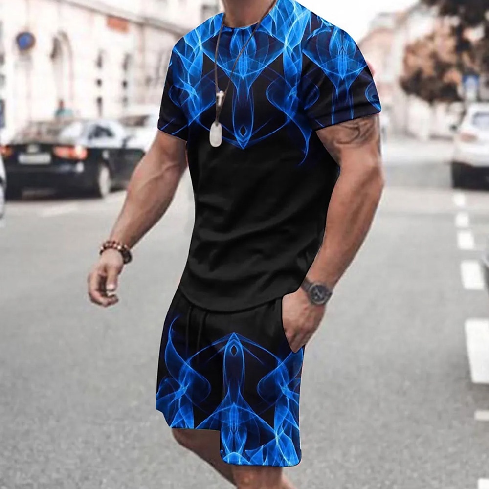 Herren 3D-Druck 2St Sommertops Kurzarm Kurze Hosen T-Shirts-Sets Rundhalsausschnitt Sport Brautkleider schlicht Outdoor Urlaub Täglich Bedruckt Violett Rubinrot Lightinthebox