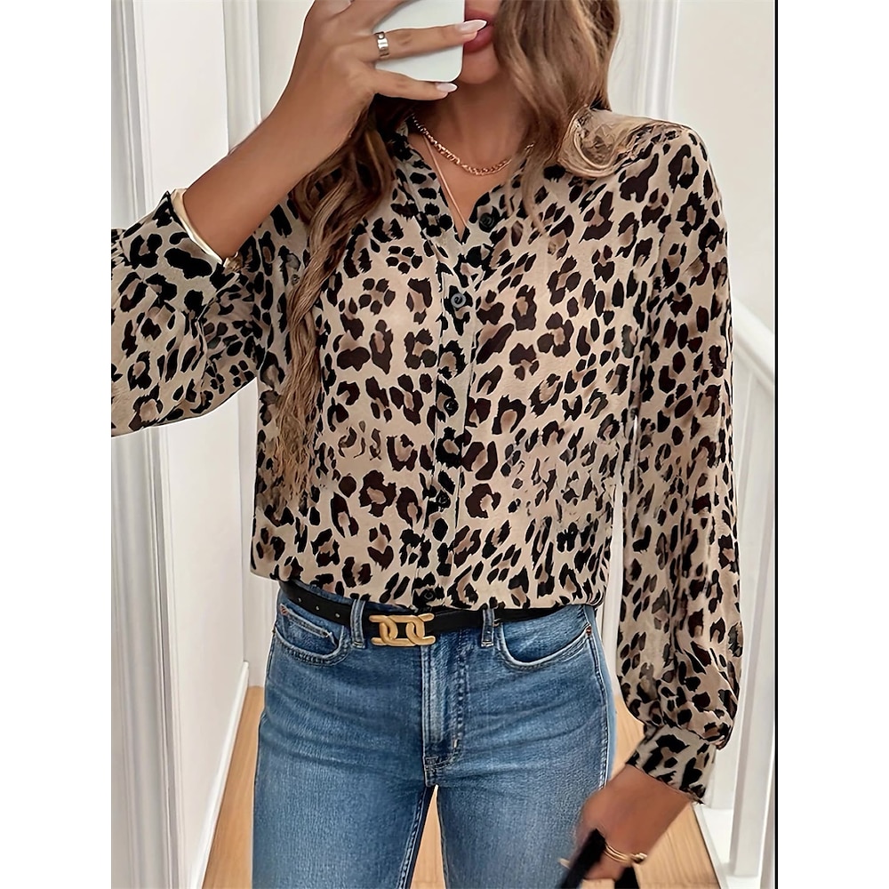 Damen Hemd Bluse Leopard Elegant Täglich Stilvoll Langarm Hemdkragen Normale Oberteile Arbeit Täglich Festtage Knopf Leopard Sommer Frühling Lightinthebox