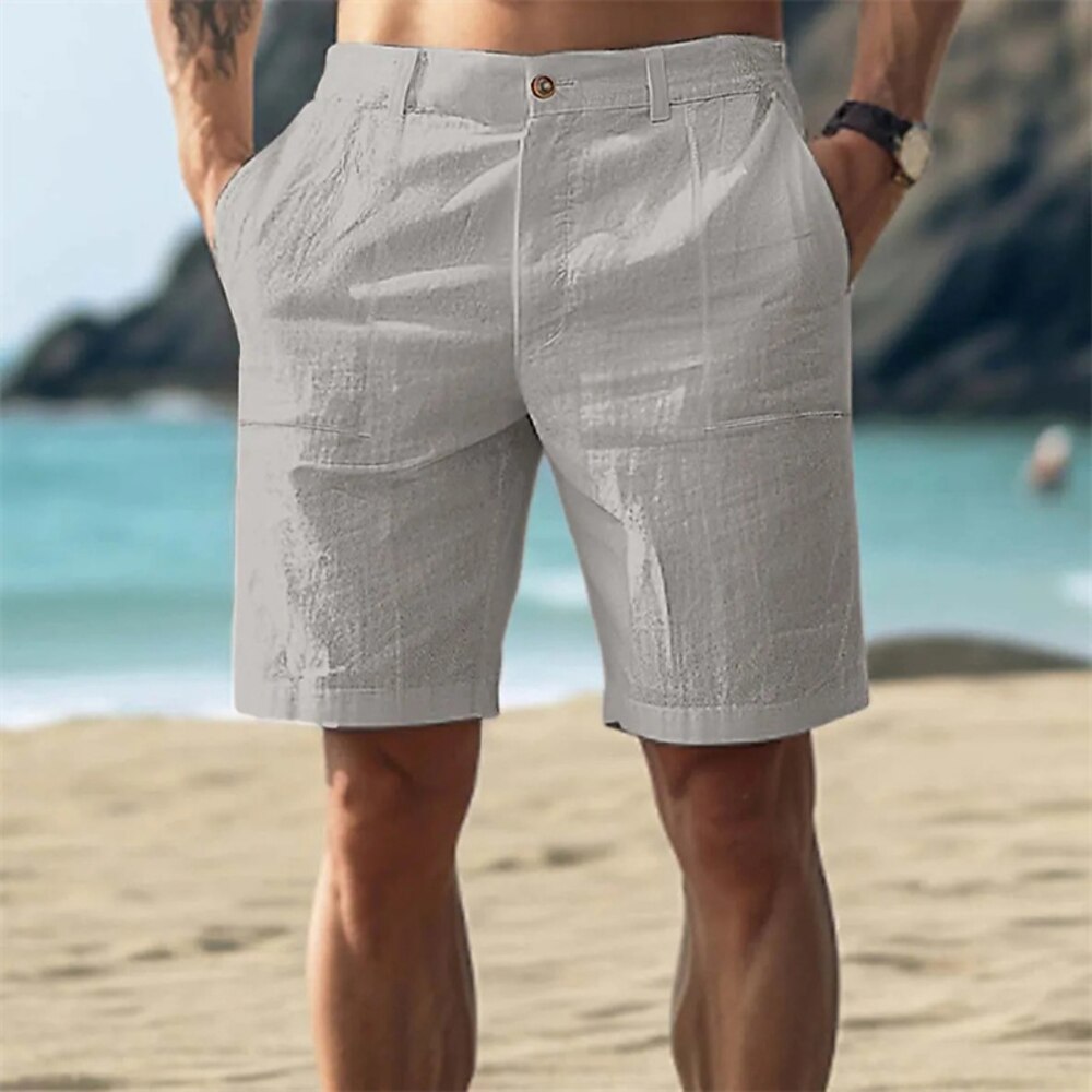 Herren Shorts aus Baumwollleinen Sommer-Shorts Strandshorts Kurze Hosen Knopf Tasche Glatt Komfort Atmungsaktiv Kurz Urlaub Festtage Strand Hawaiianisch Boho Weiß Khaki Lightinthebox