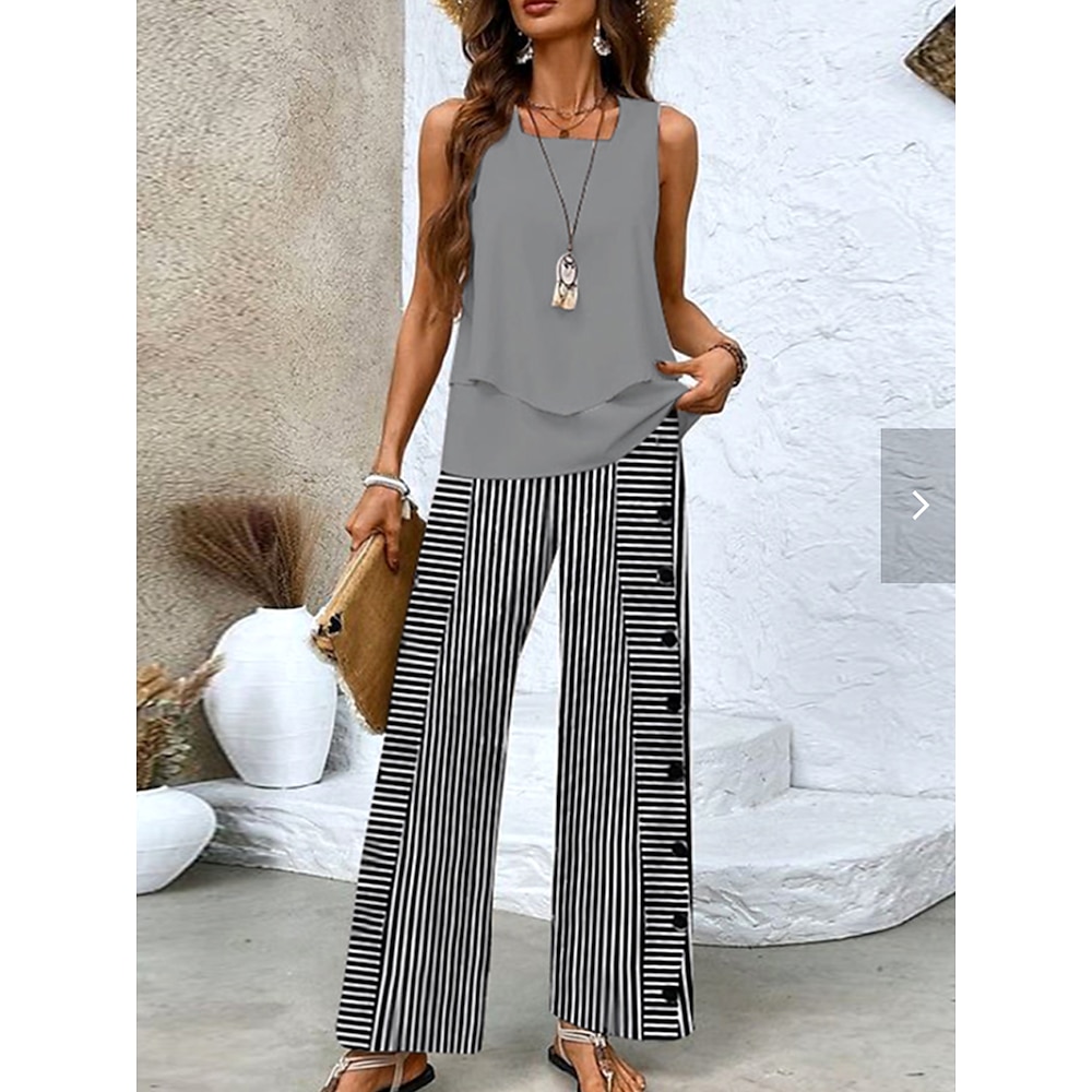 Damen Modisch Tank Top Hosen-Sets Ärmellos Quadratischer Ausschnitt Gestreift Layer-Look Bedruckt Casual Grau Sommer Regular Fit Lightinthebox