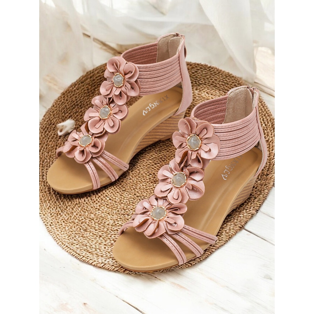 Rosafarbene Keilsandalen mit Blumenverzierung und elastischen Riemen für Damen - bequeme und stylische Sandalen für Freizeitausflüge, den Sommer und als Strandbekleidung Lightinthebox