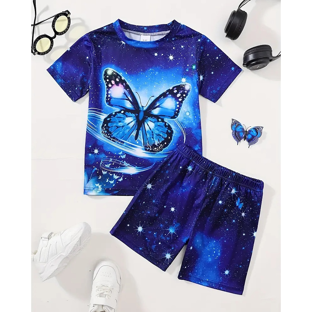 Mädchen 3D Graphic Schmetterling T-Shirt Shorts Set Kurzarm Sommer Frühling Sport Modisch Täglich kinderkleidung 4-12 Jahre Rundhalsausschnitt Outdoor Urlaub Sport Reguläre Passform Lightinthebox